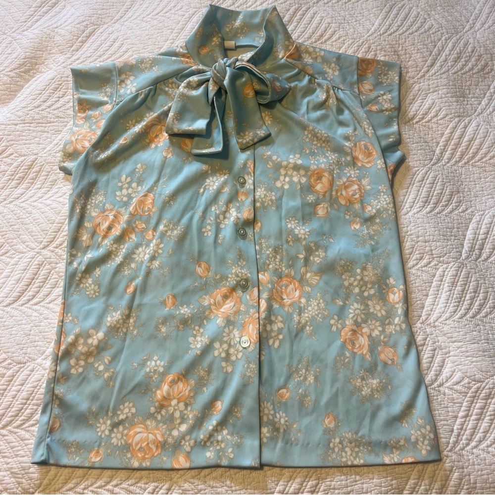 Floral Bow-Tie Women's Top - Blue and Peach